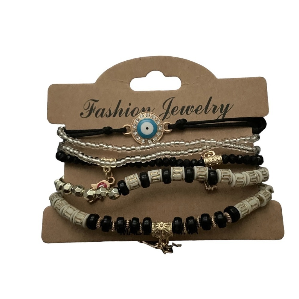 Black WOMEN'S Beaded Multilayer Bracelet Set Boho Hamsa  Evil Eye Bracelet